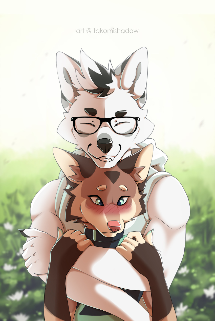 absurd_res anthro arctic_wolf ashen_(maledictionz) athletic blush bright canid canine canis cel_shading coyote cuddling duo embrace female hi_res hug illustration male male/female mammal meadow misha_(takomishadow) shaded smile takomishadow unsure wolf