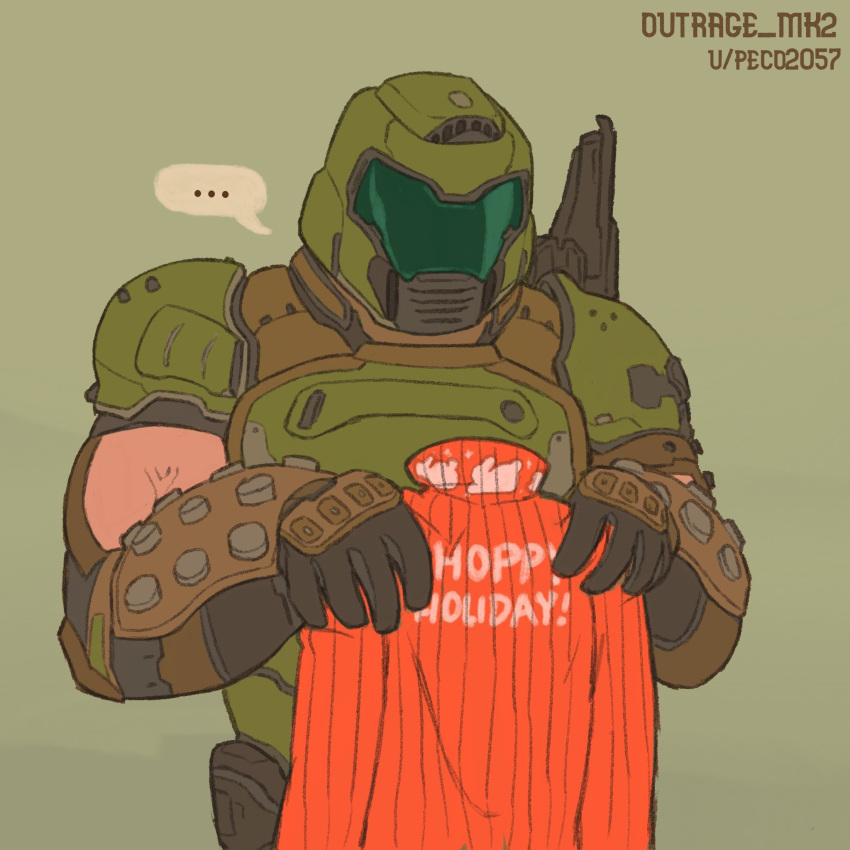 1:1 armor clothed clothing doom_(series) doom_slayer headgear helmet hi_res holding_clothing holding_object human human_only id_software male mammal not_furry outrage_mk2 simple_background solo vambraces