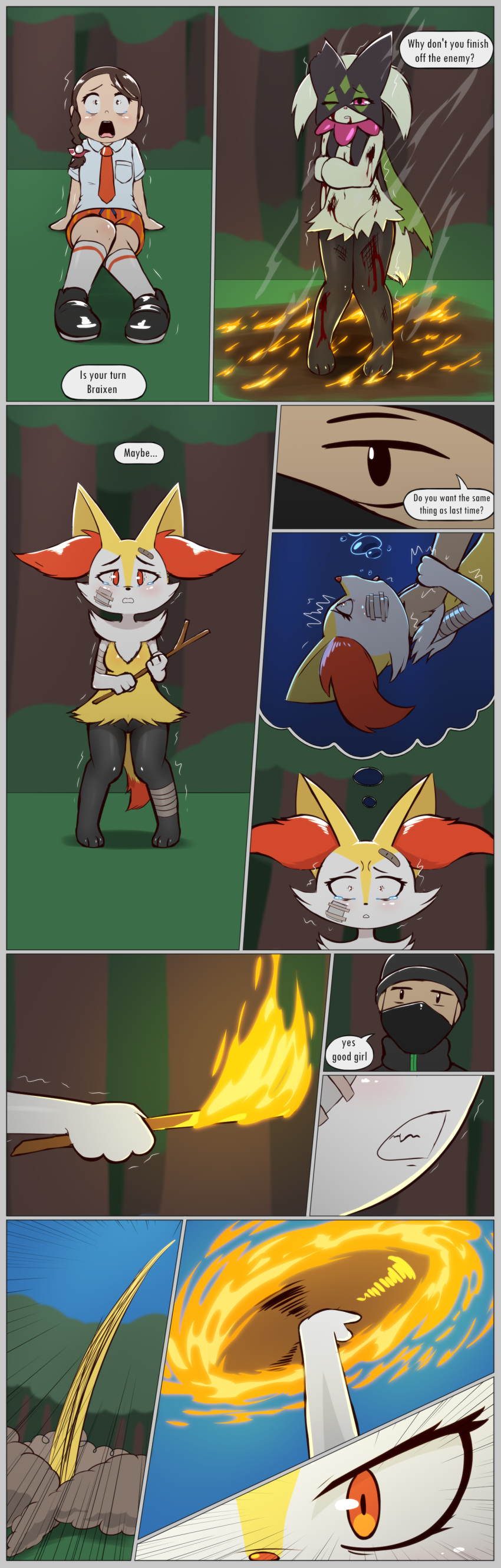 3_toes 4_fingers absurd_res abuse anthro asphyxiation bandage bandaged_arm bandaged_face bandaged_leg barely_visible_genitalia barely_visible_pussy big_eyes blood blood_from_mouth blood_in_mouth blush bodily_fluids border bottomwear braixen breasts brown_eyes chest_tuft choking clenched_teeth clothing collared_shirt constricted_pupils crotch_tuft cruelty crying cute_fangs determined dialogue digital_drawing_(artwork) digital_media_(artwork) digitigrade dominant dominant_human dominant_male drowning e254e elemental_manipulation english_text eye_shot facial_tuft featureless_breasts feet female fight fingers fire fire_manipulation forest furrowed_brow generation_6_pokemon generation_9_pokemon genitals good_girl gore grey_border hair hands_around_neck helpless hi_res holding_arm human human_dominating_anthro human_dominating_human imminent_death inner_ear_fluff juliana_(pokemon) jumping knock-kneed larger_human larger_male magic_user male male_dominating_female mammal mask meowscarada navel necktie nintendo nude one_sided open_mouth orange_eyes pain pink_eyes plant pokemon pokemon_(species) ponytail pupils pussy red_eyes ryona scared scared_shitless shaded shaking simple_eyes size_difference skirt skullcap sky small_breasts small_pupils smaller_anthro smaller_female solo speech_bubble stick submissive submissive_anthro submissive_female submissive_human suffering sweater tears teeth text thought_bubble threat toes topwear tree trembling tuft turtleneck wince wounded