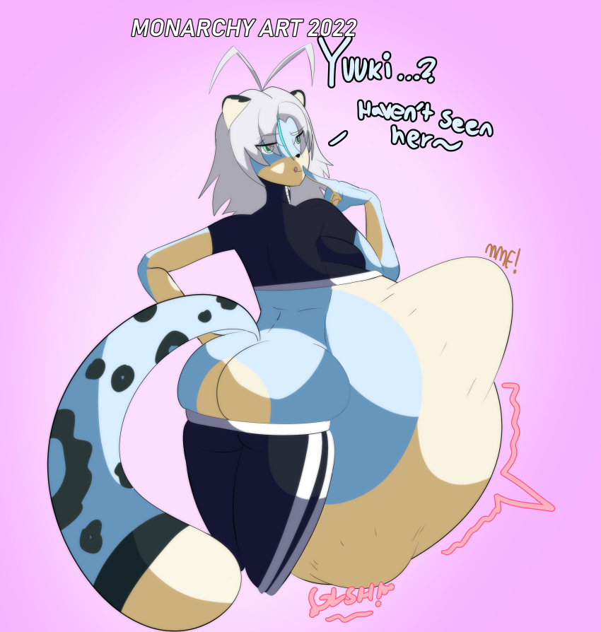 abdominal_bulge absurd_res anthro belly big_belly big_butt butt butt_squish dialogue digestion_noises felid female hi_res hyper hyper_belly looking_at_viewer looking_back lowered_pants mammal monarchyvore pantherine rear_view snow_leopard squish sweatpants vore