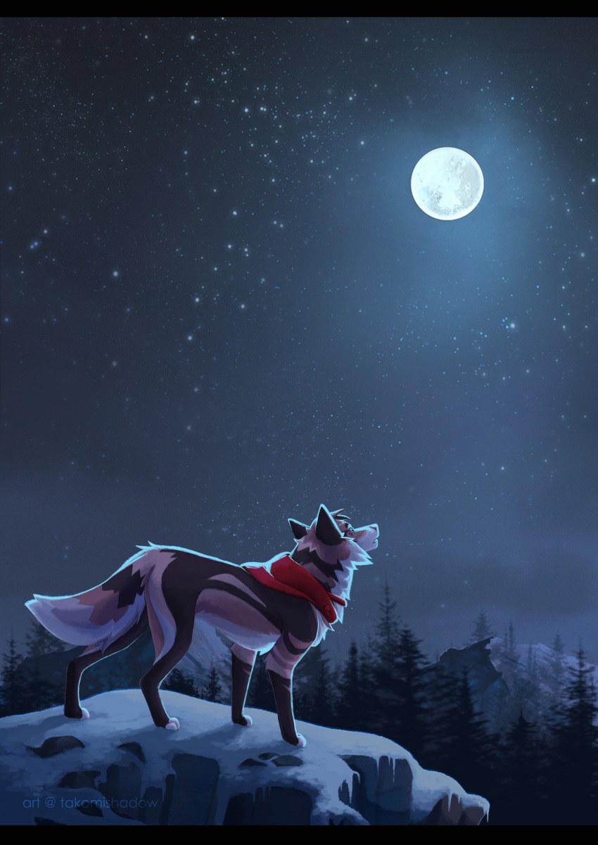 absurd_res canid canine canis coyote evergreen_tree female feral forest fullmoon hi_res illustration letterbox mammal misha_(takomishadow) mountain night painting_(artwork) pine_tree plant snow solo star takomishadow traditional_media_(artwork) tree