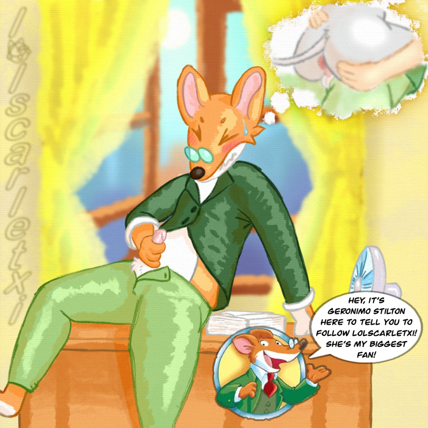 1:1 anthro anus balls blush blush_lines bodily_fluids breaking_the_fourth_wall cel_shading clothed clothing desk duo english_text female fluffy_balls furniture furry_balls genitals geronimo_stilton geronimo_stilton_(series) hi_res lolscarletxi male male/female mammal masturbation mouse murid murine office on_desk partially_clothed penetration penile penile_penetration penis rodent shaded solo sweat sweatdrop table text thea_stilton thinking thinking_cloud thought_bubble vaginal vaginal_penetration
