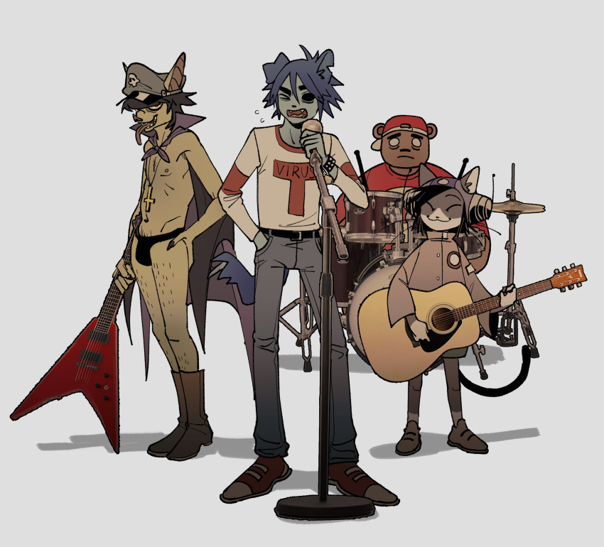 2d_(gorillaz) absurd_res alternate_species anthro bat bear canid canine canis clothed clothing cross domestic_cat domestic_dog drum drum_set drummer felid feline felis female furrification gorillaz green_hair group guitar hair hat headgear headwear hi_res inverted_cross male mammal microphone murdoc musical_instrument nipples noodle_(gorillaz) percussion_instrument plucked_string_instrument russel_(gorillaz) smile string_instrument sushiisiu thong tongue tongue_out underwear