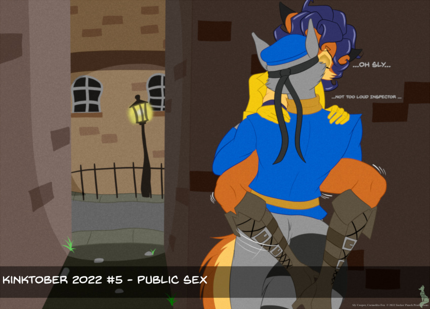 against_surface against_wall alley anthro blue_hair canid canine carmelita_fox clothing crossed_legs digital_media_(artwork) duo english_text female fox hair jorge-the-wolfdog male male/female male_penetrating mammal penetration procyonid raccoon simple_background sly_cooper_(series) sony_corporation sony_interactive_entertainment spread_legs spreading sucker_punch_productions text