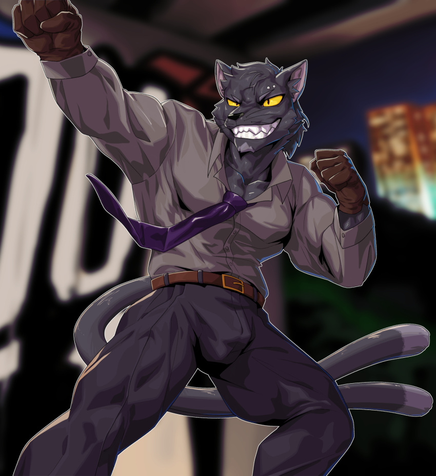 2022 anthro belt black_body black_fur black_nose blurred_background bulge clothed clothing digital_drawing_(artwork) digital_media_(artwork) domestic_cat felid feline felis fighting_pose fully_clothed fur gloves grin handwear hi_res lifewonders male mammal multi_tail muscular muscular_anthro muscular_male necktie nether_senri piercing pitania4 pose shirt smile solo standing tail tokyo_afterschool_summoners topwear whiskers yellow_sclera