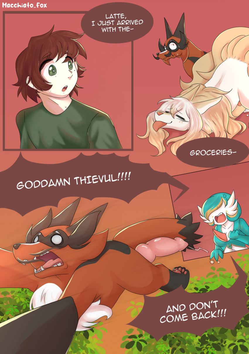 absurd_res anthro bodily_fluids comic cross-popping_vein dialogue duo english_text female feral gardevoir generation_1_pokemon generation_3_pokemon generation_8_pokemon genitals hi_res human latte_(macchiato_fox) macchiato_fox male male/female mammal multi_tail ninetales nintendo penis pokemon pokemon_(species) running tail text thievul tongue tongue_out