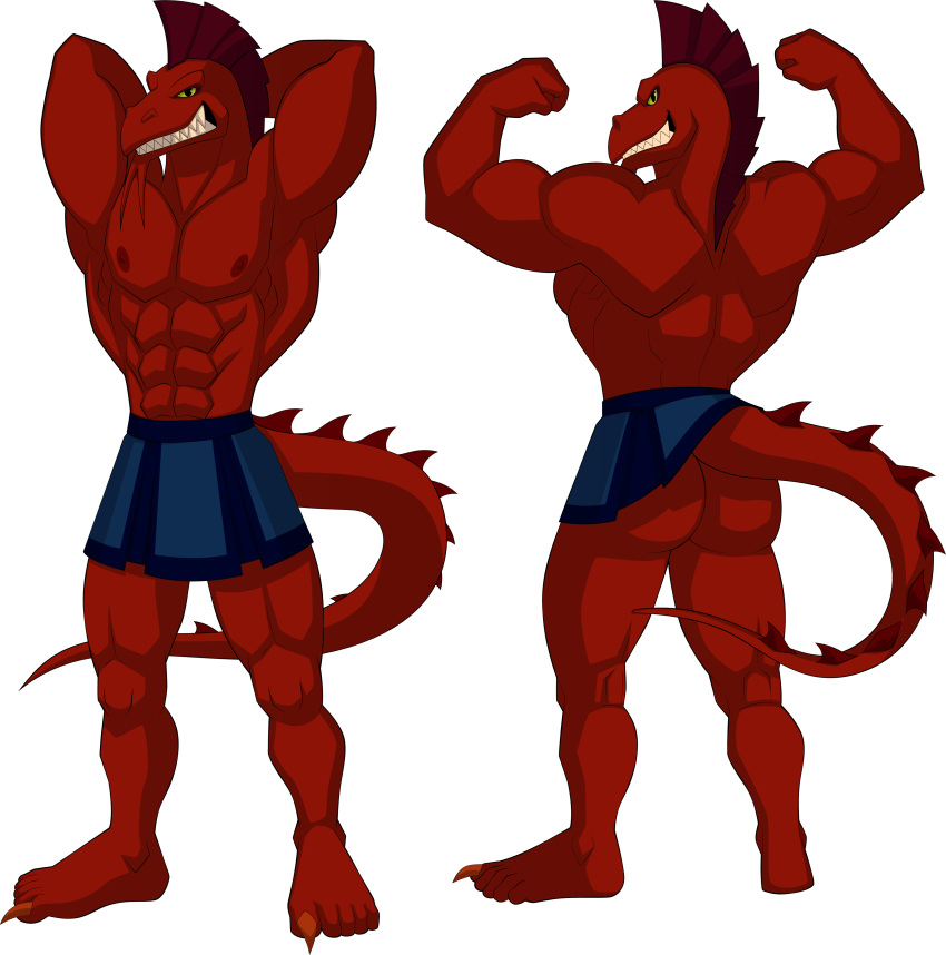 5_toes abs absurd_res alpha_channel anthro bottomwear butt clothed clothing dragon feet hercules_(1997) hi_res humanoid male memnon model_sheet muscular muscular_male raised_bottomwear raised_clothing raised_skirt red_body red_skin skirt solo sparksstars toes