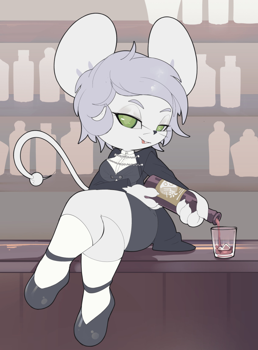 alcohol anthro bar bartender beverage bottle container female generation_9_pokemon green_eyes grey_hair hair hi_res kemono mammal maushold mouse murid murine nintendo pokemon pokemon_(species) pouring quinto rodent short_hair solo tandemaus thick_thighs whiskers white_body