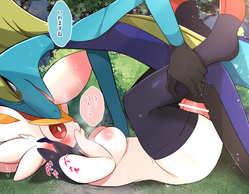 anthro anthro_on_anthro anthro_penetrated anthro_penetrating anthro_penetrating_anthro areola big_breasts blush breasts censored cinderace clothing covering covering_mouth dialogue duo ear_blush female female_penetrated forest forest_background from_front_position generation_8_pokemon hi_res ineffective_censorship inteleon japanese_text lagomorph legwear legwear_only lizard lying male male/female male_penetrating male_penetrating_female mammal mating_press missionary_position mostly_nude nature nature_background nintendo nipples on_back penetration penile penile_penetration penis_in_pussy pink_areola pink_nipples plant pokemon pokemon_(species) prrrrrrmine reptile scalie sex text thick_thighs tree vaginal vaginal_penetration