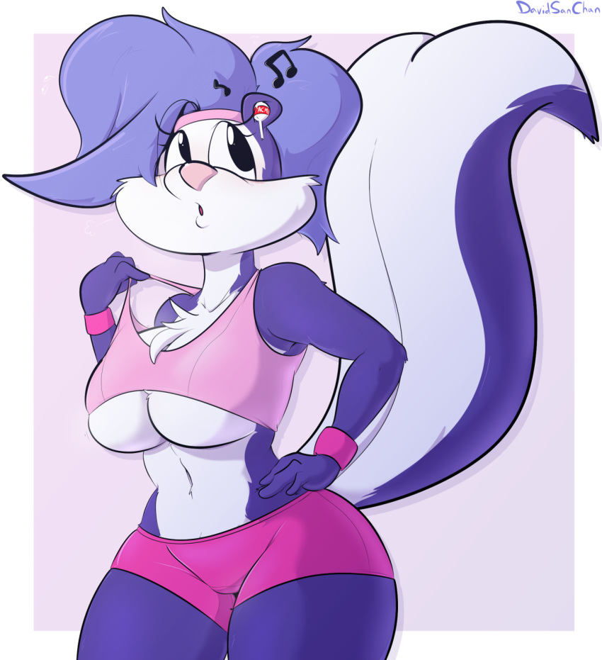 2022 accessory anthro big_breasts bottomwear breasts chest_tuft clothing davidsanchan earbuds female fifi_la_fume headband headphones hi_res hotpants mammal mephitid musical_note navel shorts skunk solo sweatband tiny_toon_adventures tuft under_boob warner_brothers wristband