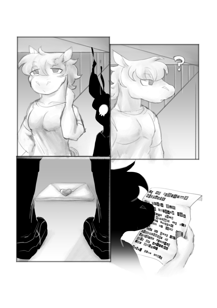 2022 absurd_res ambiguous_gender anthro being_watched blues_haurse bottomwear broad_shoulders clothed clothing comic creepy digital_media_(artwork) duo english_text equid equine female flashback greyscale hair hallway hi_res highschool holding_letter holding_object holding_paper horse larger_male locker looking_at_another love_letter male mammal monochrome muscular muscular_male paper pester question_mark random_note shaded shadow_creature shirt short_hair size_difference smaller_female stalker stalking sweatpants text topwear white_clothing white_shirt white_topwear