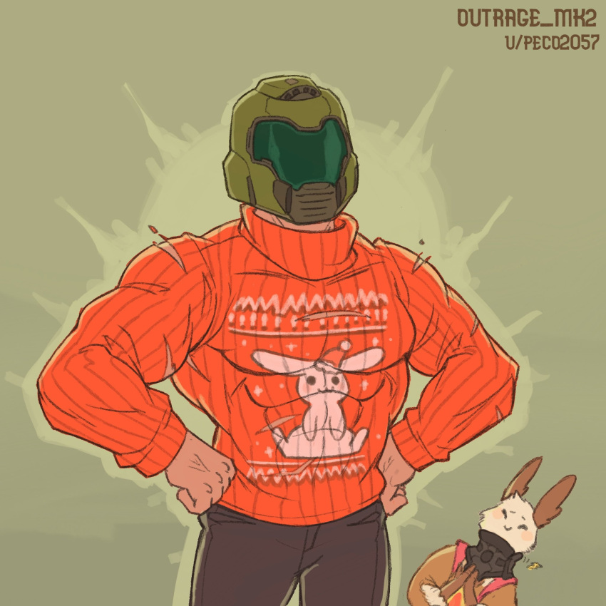 1:1 abs armor brown_body brown_fur clothed clothing crossover doom_(series) doom_slayer duo epic_games fortnite fur guff_(fortnite) headgear helmet hi_res human id_software male mammal muscular muscular_male outrage_mk2 pecs simple_background white_body white_fur