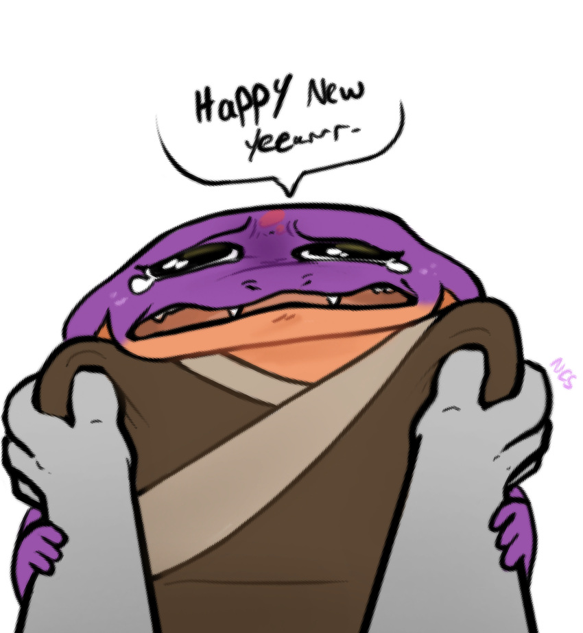 2022 4_fingers anon bodily_fluids clothed clothing english_text eyebrows fangs female fingers grey_body hi_res holidays human keeshee mammal ncs new_year open_mouth purple_body reaction_image reptile sad scalie snake snake_hood tears teeth text