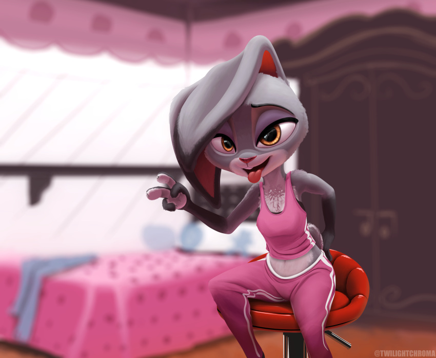 2022 absurd_res anthro chair clothed clothing collaboration digital_media_(artwork) disney fan_character female fur furniture gesture grey_body hi_res humanoid lagomorph leporid looking_at_viewer mammal open_mouth orange_eyes rabbit rosaline_hopps_(siroc) shirt siroc sitting smile solo sweatpants tank_top tongue tongue_out topwear twilightchroma v_sign zootopia