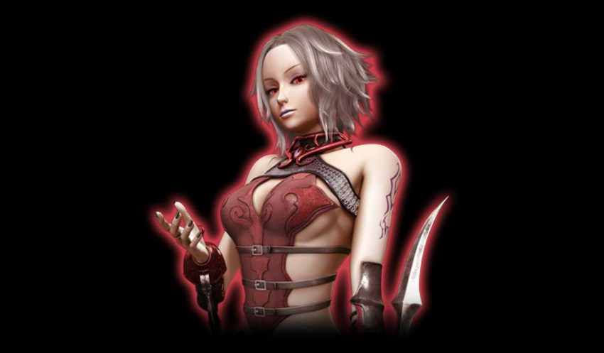 1girl angela_(castlevania) black_background breasts castlevania castlevania_pachislot choker dark_persona looking_at_viewer red_eyes serious short_hair sideboob silver_hair simple_background solo tattoo