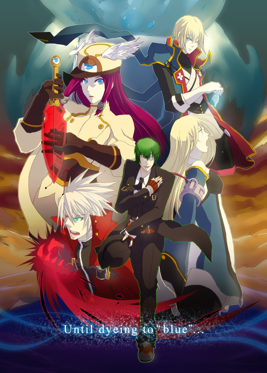 arc_system_works bangs belt blazblue blazblue:_calamity_trigger blazblue:_continuum_shift blonde_hair blue_eyes cape detached_sleeves female fingerless_gloves formal gloves green_eyes green_hair hat hazama heterochromia highres jacket jin_kisaragi kisaragi_jin long_hair male military military_uniform minagi1824 minagi_(miraura) necktie noel_vermillion open_mouth pants ragna_the_bloodedge red_eyes red_hair short_hair spiked_hair spiky_hair sword trench_coat trenchcoat tsubaki_yayoi uniform uranaishi_(miraura) weapon white_hair wings