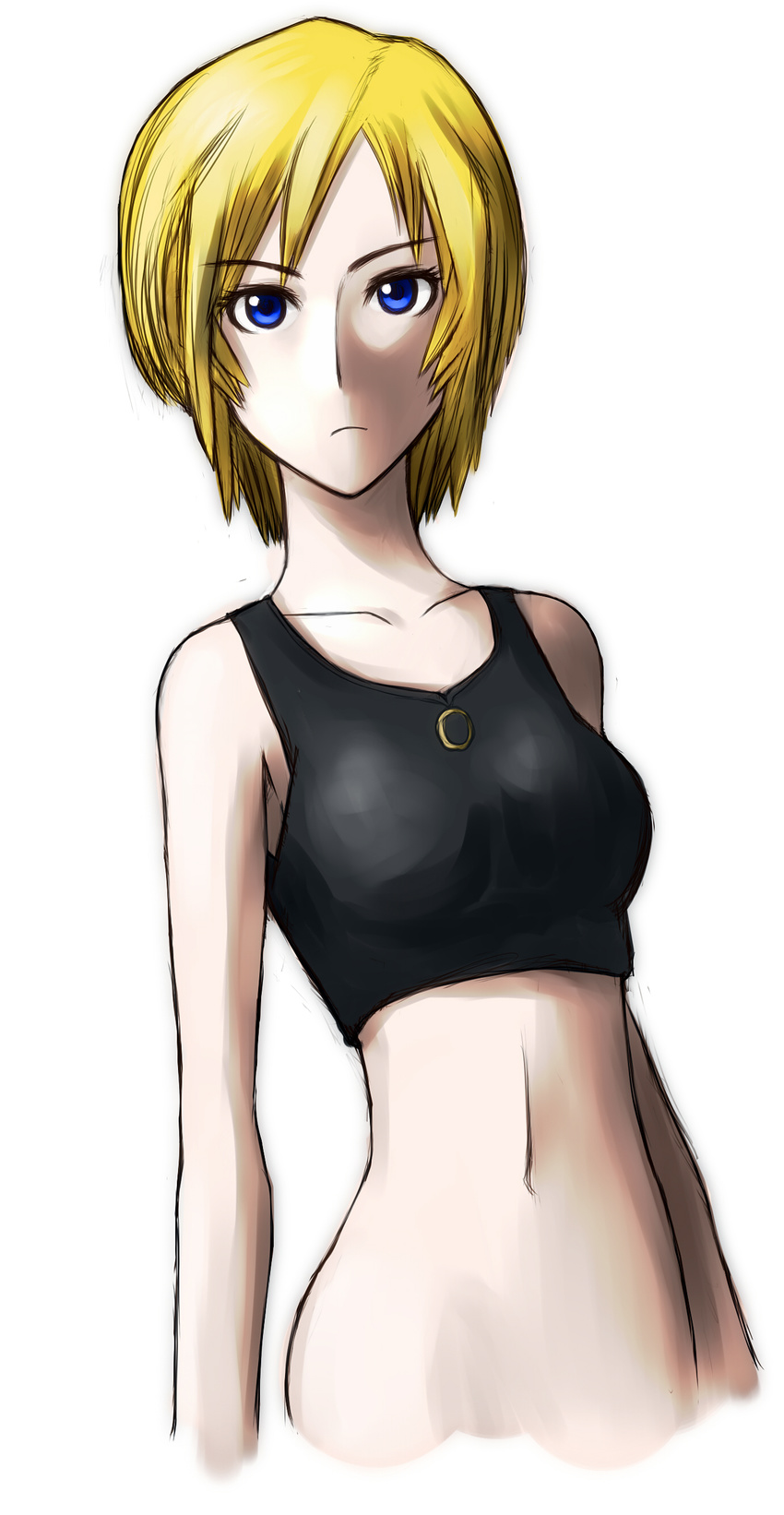 absurdres aya_brea blonde_hair blue_eyes female highres midriff parasite_eve parasite_eve_ii short_hair solo tank_top tanktop under7 white_background