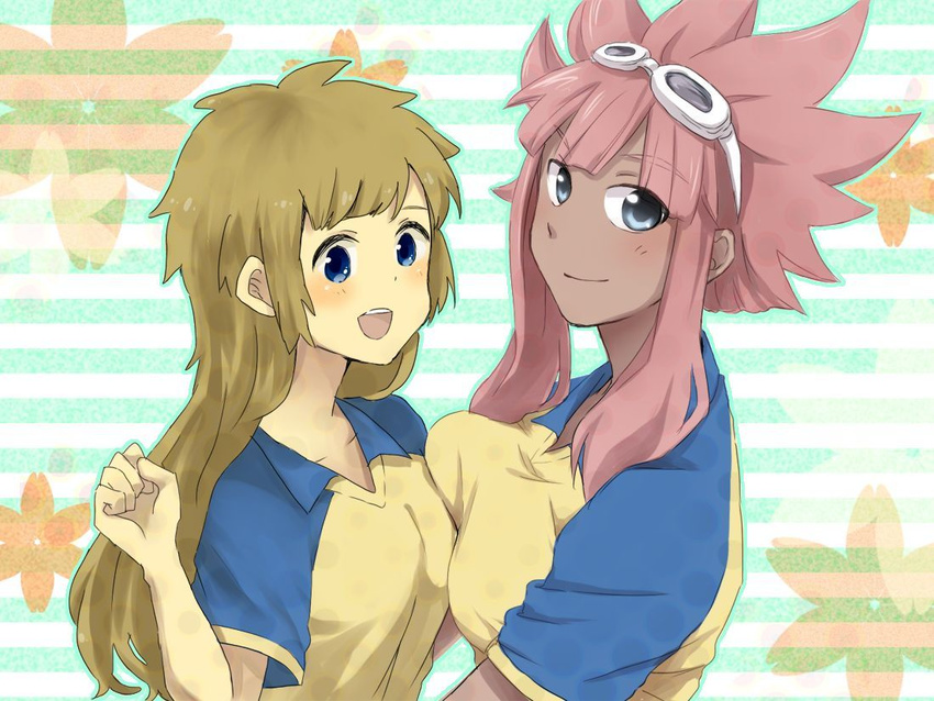 2girls blue_eyes breasts female genderswap goggles inazuma_eleven inazuma_eleven_(series) multiple_girls pink_hair tachimukai_yuuki tsunami_jousuke