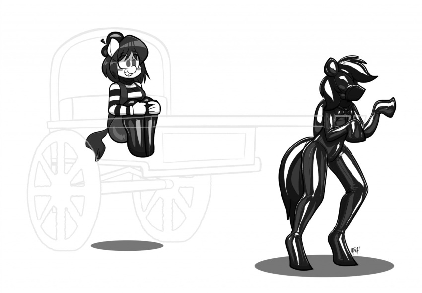 2019 beret blush clothing duo equine fan_character female hat hoof_boots hoof_gloves horse izzy_(oc) magic mammal milkandjuice mime my_little_pony petplay pony ponyplay roleplay rubber sitting wagon
