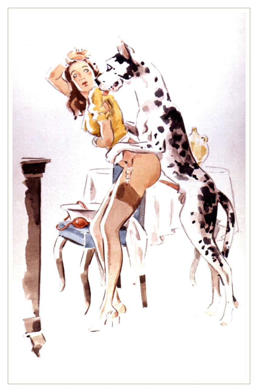 1930s balls bestiality bottomless canid canine canis clothed clothing domestic_dog duo enema_bulb female feral footwear great_dane high_heels human human_on_feral interspecies julie_delcourt legwear male male/female mammal penis shoes stockings