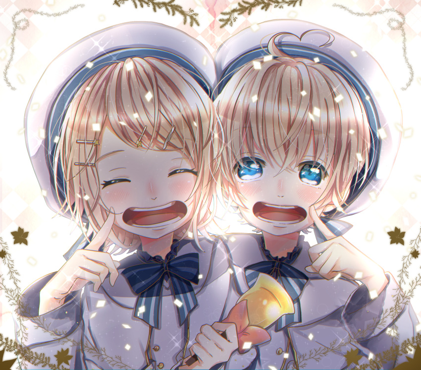 1boy 1girl absurdres anniversary argyle argyle_background bell blonde_hair blue_eyes blush bow child commentary eyes_closed finger_to_cheek floral_print hat head_to_head highres holding_bell kagamine_len kagamine_rin leaf looking_at_viewer namikaze_bon sailor sailor_hat shirt short_hair smile striped striped_bow upper_body vocaloid white_shirt