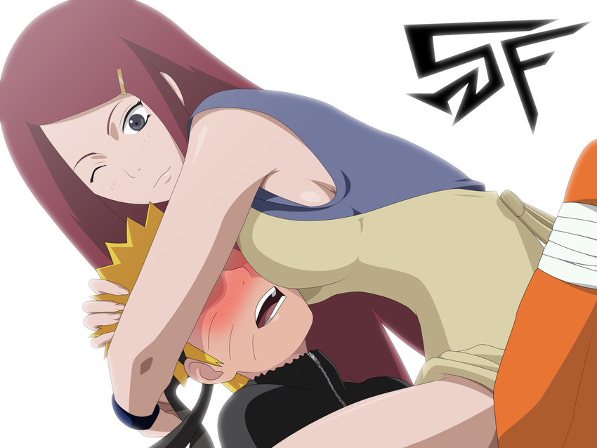 blonde_hair blush breast_press breasts highres hug incest milf mother_and_son naruto no_panties rape red_hair seduction sexually_suggestive stiky_finkaz straddle uzumaki_kushina uzumaki_naruto wincest wink