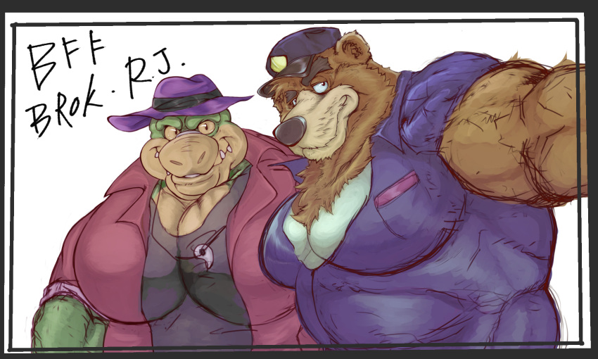 2022 5:3 alligator alligatorid anthro barazoku bear brok_(character) brok_the_investigator brown_body clothing crocodilian duo gomikuz539s green_body hat headgear headwear hi_res kemono male mammal muscular muscular_male police_hat r.j._(brok_the_investigator) reptile scalie shirt topwear