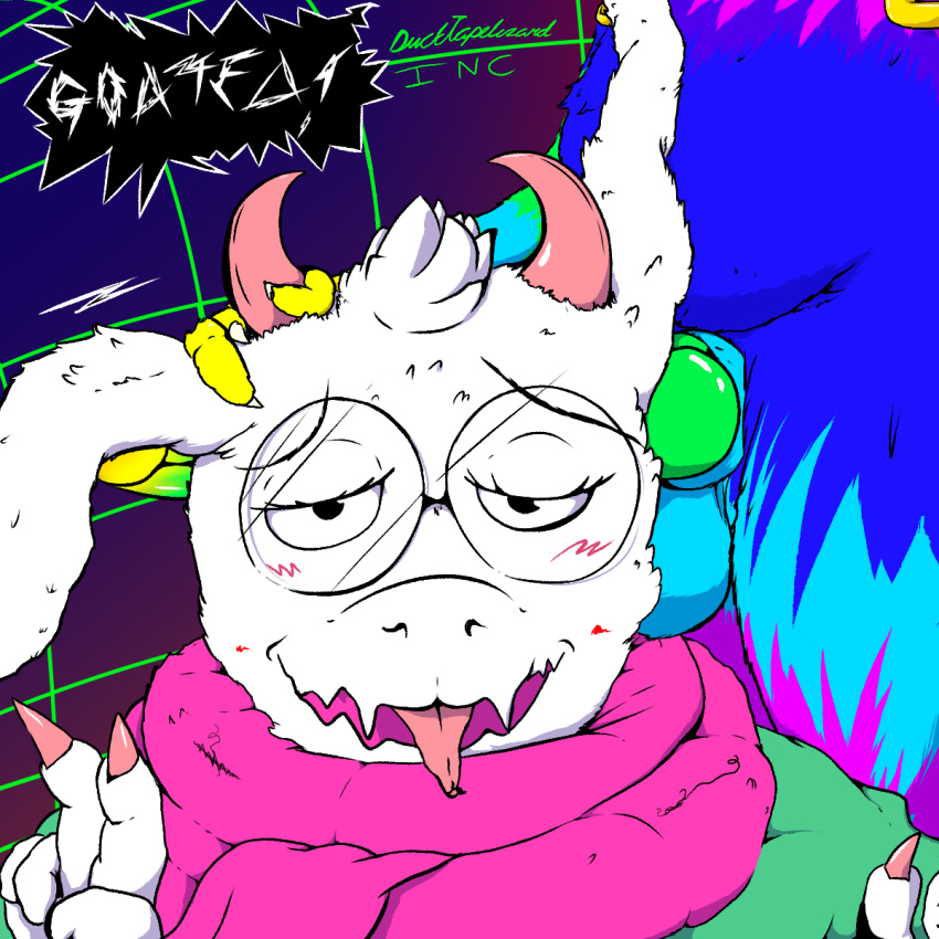 1:1 ahegao all_the_way_through animal_genitalia animal_penis anthro blush bovid canid canine canine_penis canis caprine deltarune digital_creature ducktape_lizard_inc duo ear_penetration eyewear genitals girly glasses goat hi_res looking_pleasured male male/male mammal musclegut neon nipple_piercing nipples peace_symbol penetration penis piercing ralsei scarf text tongue tongue_out undertale_(series) werewire what wolf