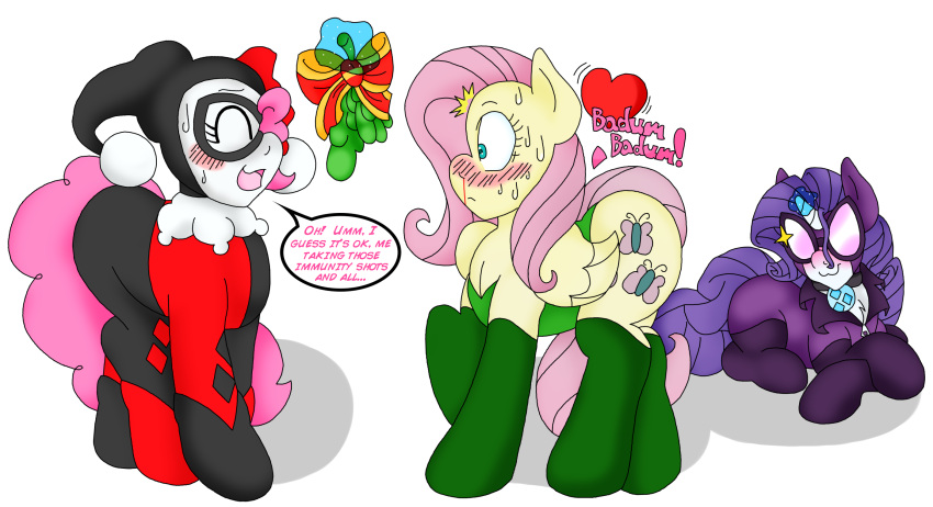 2015 batman_(series) blackbewhite2k7 blush catwoman christmas clothing costume crossover cutie_mark dc_comics dialogue digital_drawing_(artwork) digital_media_(artwork) earth_pony english_text equid equine female female/female feral fluttershy_(mlp) footwear friendship_is_magic group hair harley_quinn hasbro heartbeat hi_res holidays horn horse magic mammal mask mistletoe my_little_pony open_mouth parody pegasus pinkie_pie_(mlp) plant poison_ivy pony purple_hair quadruped rarity_(mlp) simple_background speech_bubble text trio unicorn white_background wings yellow_body