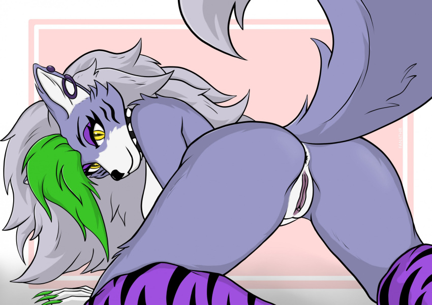 2022 anthro anus black_nose breasts butt canid canine canis clothing collar colored_nails digital_drawing_(artwork) digital_media_(artwork) ear_piercing ear_ring eyebrows eyelashes eyeshadow fanathir female five_nights_at_freddy's five_nights_at_freddy's:_security_breach fur genitals green_hair grey_hair hair hi_res jewelry legwear long_hair looking_at_viewer makeup mammal multicolored_hair nails nude piercing presenting pussy rear_view ring_piercing roxanne_wolf_(fnaf) scottgames solo spiked_collar spikes wolf yellow_eyes