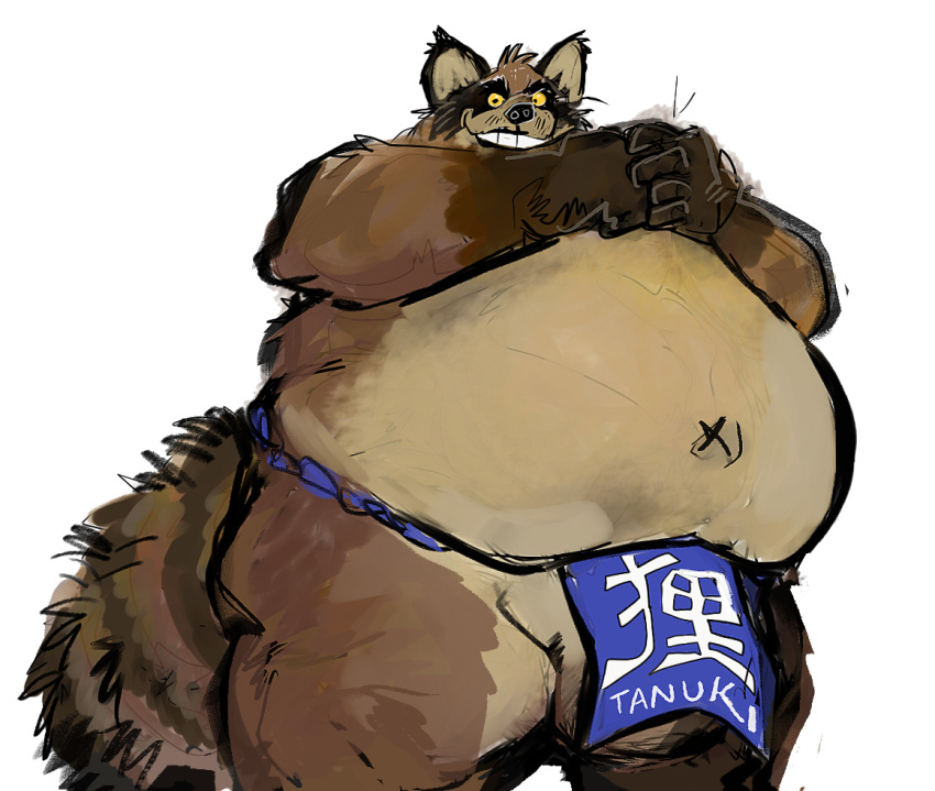 2022 anthro aokamidu asian_clothing balls belly big_belly blue_clothing blue_fundoshi blue_underwear brown_body canid canine clothing east_asian_clothing fundoshi genitals japanese_clothing kemono male mammal overweight overweight_male raccoon_dog simple_background solo tanuki underwear