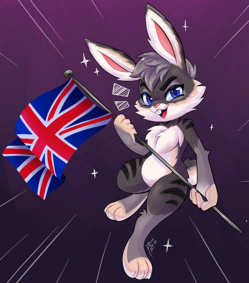 anthro black_body black_fur black_stripes blue_eyes british crystal_(mvw) female fur grey_body grey_fur grey_hair hair hi_res lagomorph leporid mammal rabbit solo stripes union_jack white_body white_fur wizaria