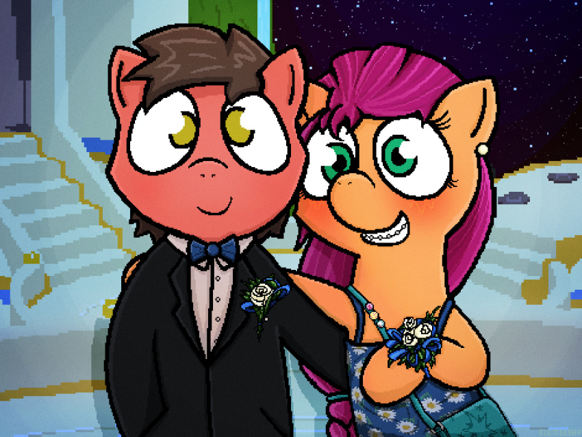 2022 4:3 banned_from_equestria big_brian biped black_tie_(suit) bow_tie braces braided_hair brown_hair clothed clothing digital_media_(artwork) dress duo ear_piercing ear_ring earth_pony equid equine female feral green_eyes hair hasbro horse jewelry male male/female mammal mlp_g5 my_little_pony night orange_body piercing pixel_(artwork) pony purple_hair red_body ring_piercing satchel sluttershy style_emulation suit sunny_starscout_(mlp) yellow_eyes