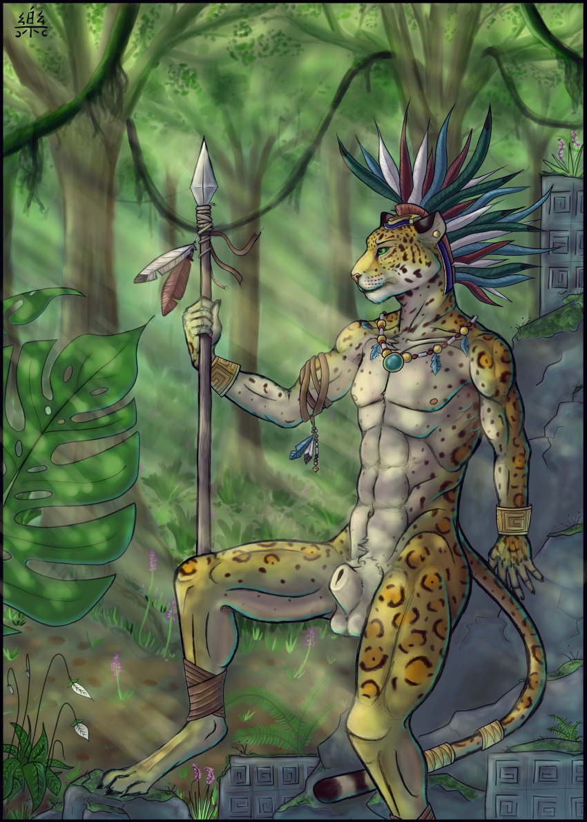 absurd_res animal_genitalia anthro aztec balls feathers felid foskybleu genitals gold hi_res jaguar jungle light light_beam male mammal melee_weapon muscular nude pantherine polearm sheath solo spear sunbeam sunlight tribal warrior weapon