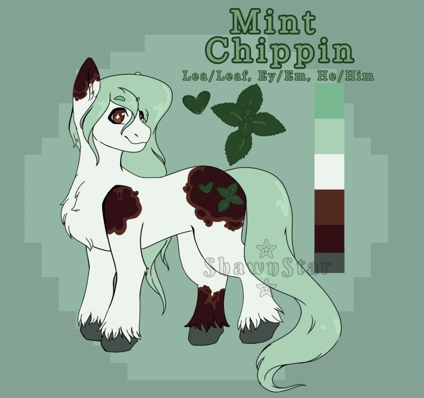 brown_body brown_eyes cutie_mark digital_media_(artwork) earth_pony english_text equid equine fan_character feral friendship_is_magic green_hair hair hasbro hi_res hooves horse looking_at_viewer male mammal model_sheet my_little_pony pony pronouns shawnstar simple_background smile solo solo_focus standing text white_body