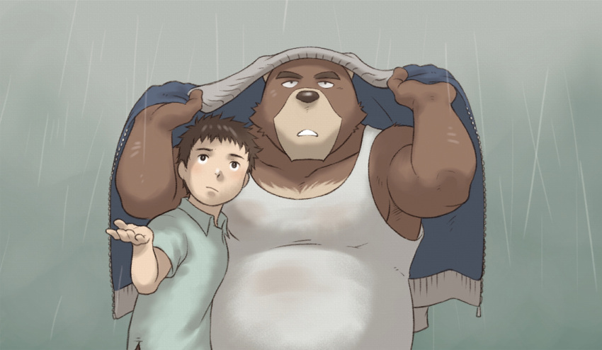 2014 anthro bear blue_clothing blue_jacket blue_topwear brown_body brown_fur brown_hair chest_markings clothing colored countershade_snout countershading duo fur green_clothing green_polo_shirt green_shirt green_topwear hair hiroyuki_(morenatsu) human jacket juuichi_mikazuki male mammal markings morenatsu musclegut muscular muscular_anthro muscular_male overweight overweight_anthro overweight_male raining shirako shirt snout tan_body tan_countershading tan_fur tank_top topwear visual_novel white_clothing white_shirt white_tank_top white_topwear