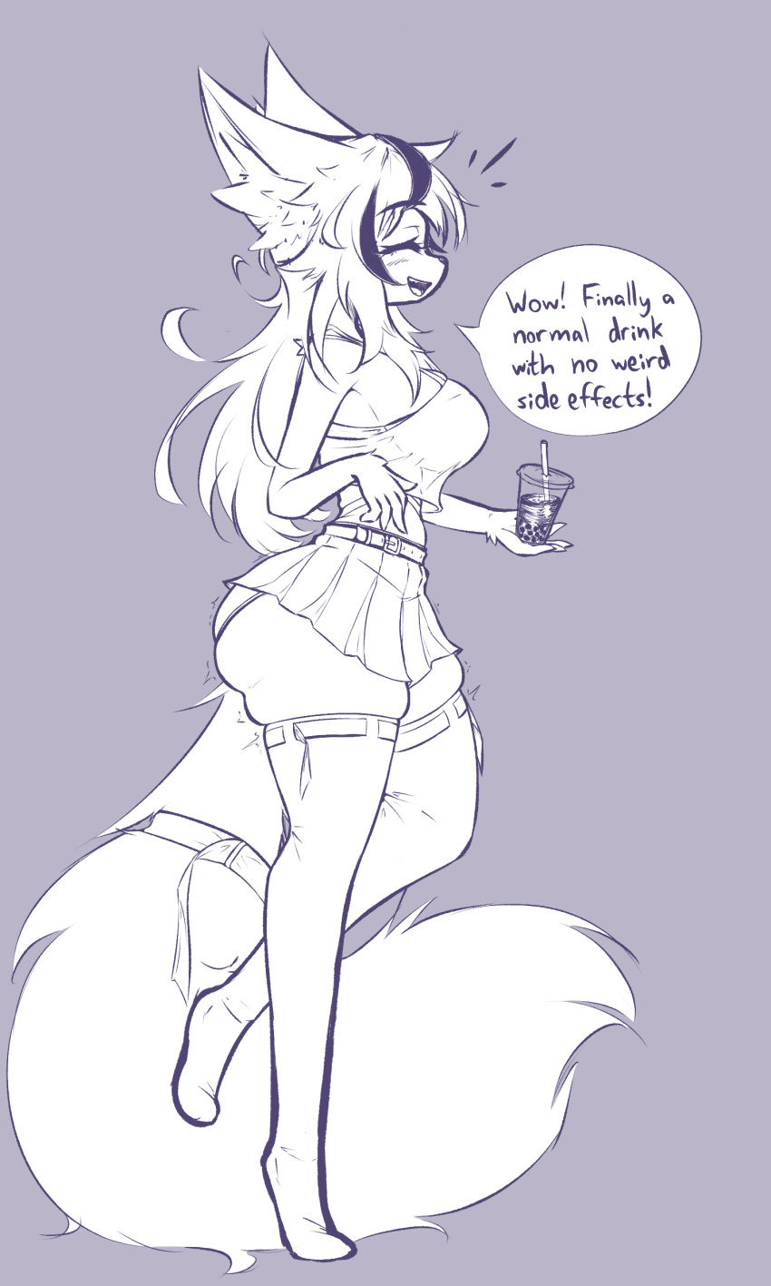 absurd_res anthro beverage big_breasts big_butt big_tail blue_and_white breasts bubble_tea butt butt_expansion canid canine dialogue english_text expansion eyes_closed female fox hair hi_res huge_tail mammal mazz_(mazzlerazz) mazzlerazz monochrome multicolored_hair simple_background smile solo speech_bubble standing text thick_thighs thigh_expansion
