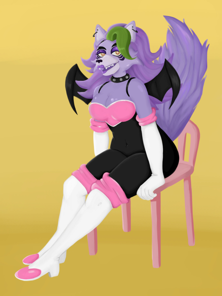 2022 3:4 anthro armwear bat_wings big_breasts black_bodysuit black_wings bodysuit boots breasts canid canine canis cleavage clothed clothing collar cosplay digital_media_(artwork) ear_piercing ear_ring elbow_gloves exegeticchains eyeshadow facial_markings female five_nights_at_freddy's five_nights_at_freddy's:_security_breach footwear fur gloves green_highlights hair handwear head_markings hi_res highlights_(coloring) knee_boots knee_highs legwear lipstick looking_at_viewer makeup mammal markings membrane_(anatomy) membranous_wings navel_outline open_mouth piercing purple_body purple_eyeshadow purple_fur purple_hair purple_lipstick ring_piercing rouge_the_bat roxanne_wolf_(fnaf) scottgames sega shoes simple_background sitting skinsuit solo sonic_the_hedgehog_(series) studded_collar thick_thighs tight_clothing white_clothing white_footwear white_gloves white_handwear white_shoes wide_hips wings wolf yellow_background yellow_eyes