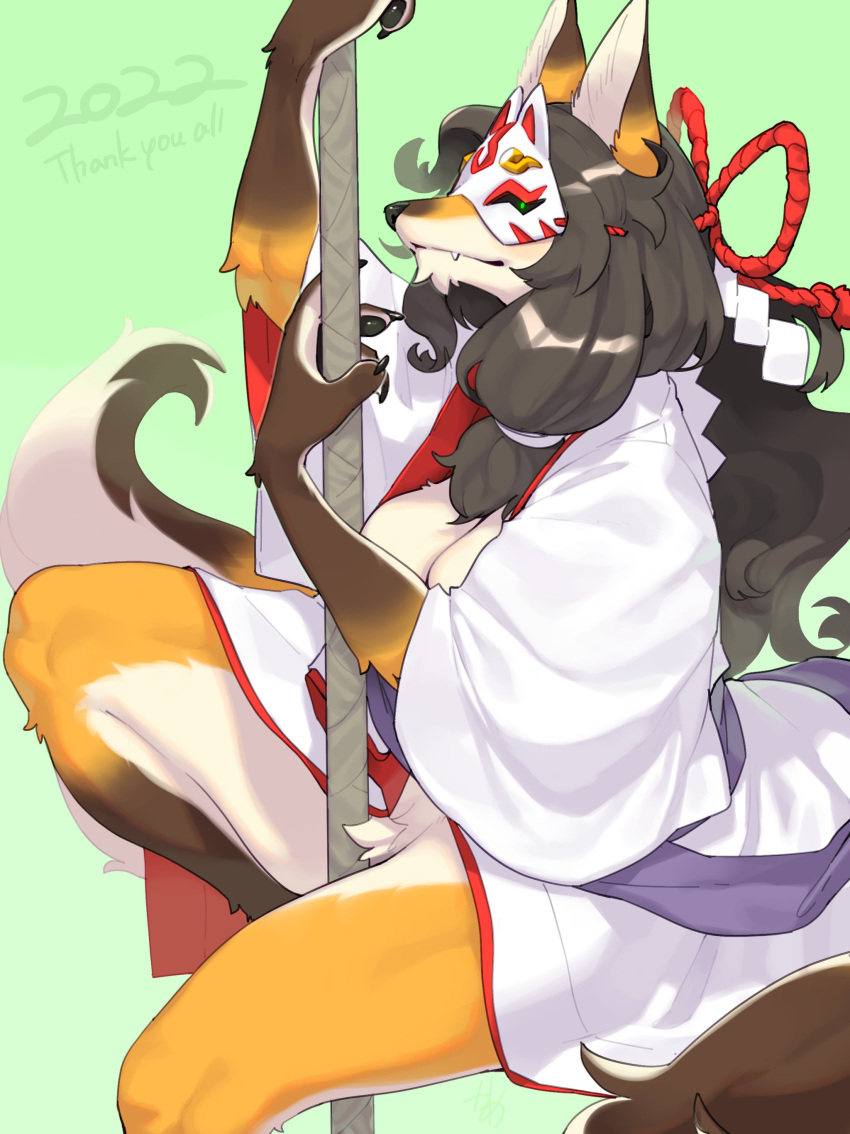 2022 absurd_res anthro asian_clothing biped black_hair black_pawpads breasts brown_body brown_fur canid canine claws clothing crotch_tuft digital_media_(artwork) east_asian_clothing female finger_claws fox fur green_background green_eyes hair hi_res japanese_clothing kame_3 kemono kimono long_hair mammal mask masked_fox_(kame_3) orange_body orange_fur pawpads pole simple_background solo tuft white_body white_fur