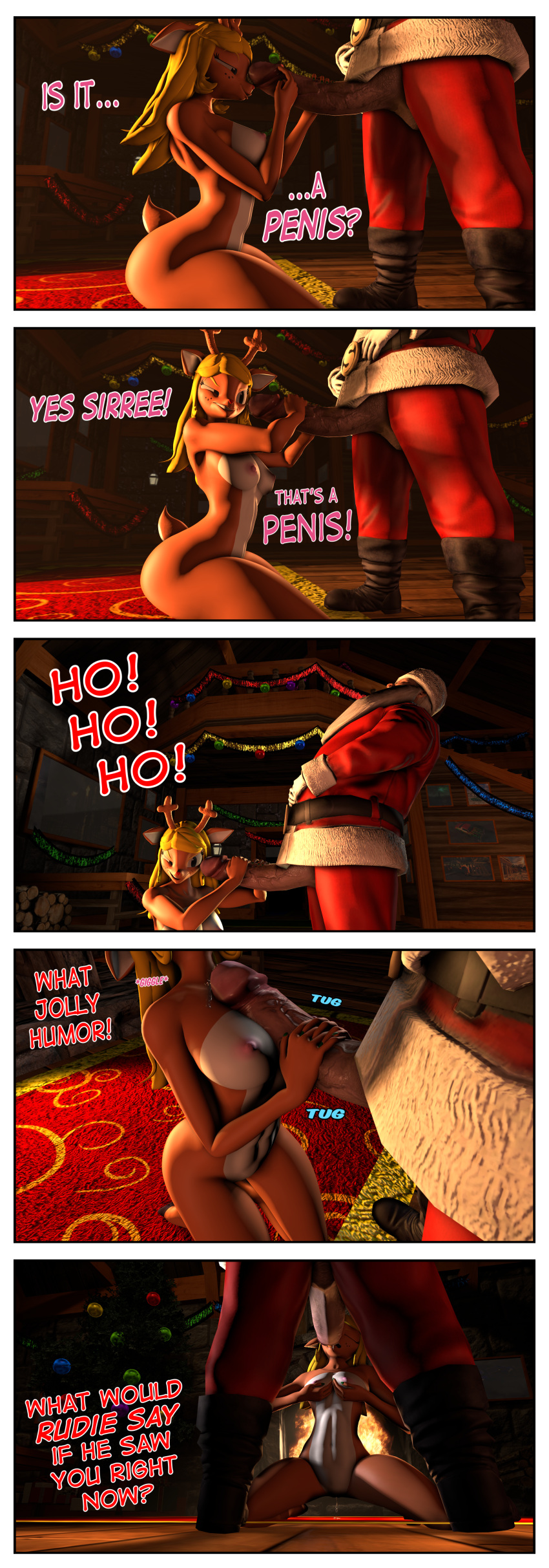 absurd_res anthro big_penis breast_play breasts cervine chadchan3d christmas comic cuckold dancer_(reindeer) deer deltarune dialogue english_text female genitals hi_res holidays huge_penis human human_on_anthro humor infidelity interspecies male male/female mammal noelle_holiday overweight overweight_male penis rudolph_the_red-nosed_reindeer santa_claus sex smelly taryk_(zaxelle) text thick_thighs titfuck undertale_(series)