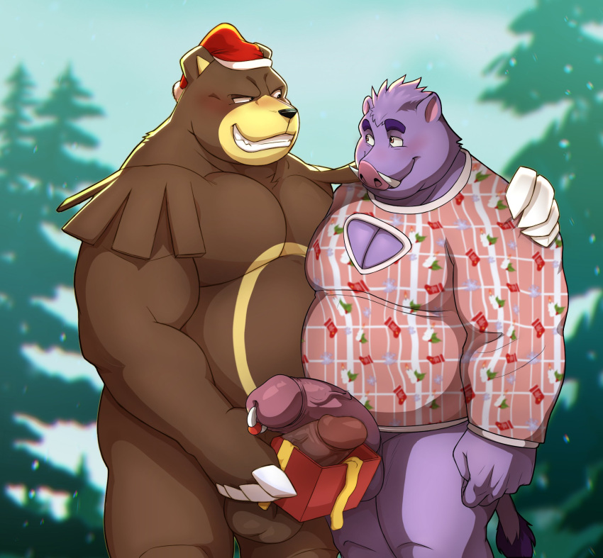 anthro balls bear blush brown_body brown_fur christmas christmas_clothing christmas_sweater christmas_topwear cleavage_cutout clothing dick_in_a_box duo erection frottage fur generation_2_pokemon genital_piercing genitals grin hi_res holidays humanoid_genitalia humanoid_penis looking_at_another male male/male mammal musclegut nintendo nude outside overweight overweight_anthro overweight_male penis penis_piercing piercing plant pokemon pokemon_(species) prince_albert_piercing purple_body purple_fur sex seyrmo smile suid suina sus_(pig) sweater teeth topwear tree tusks ursaring wild_boar