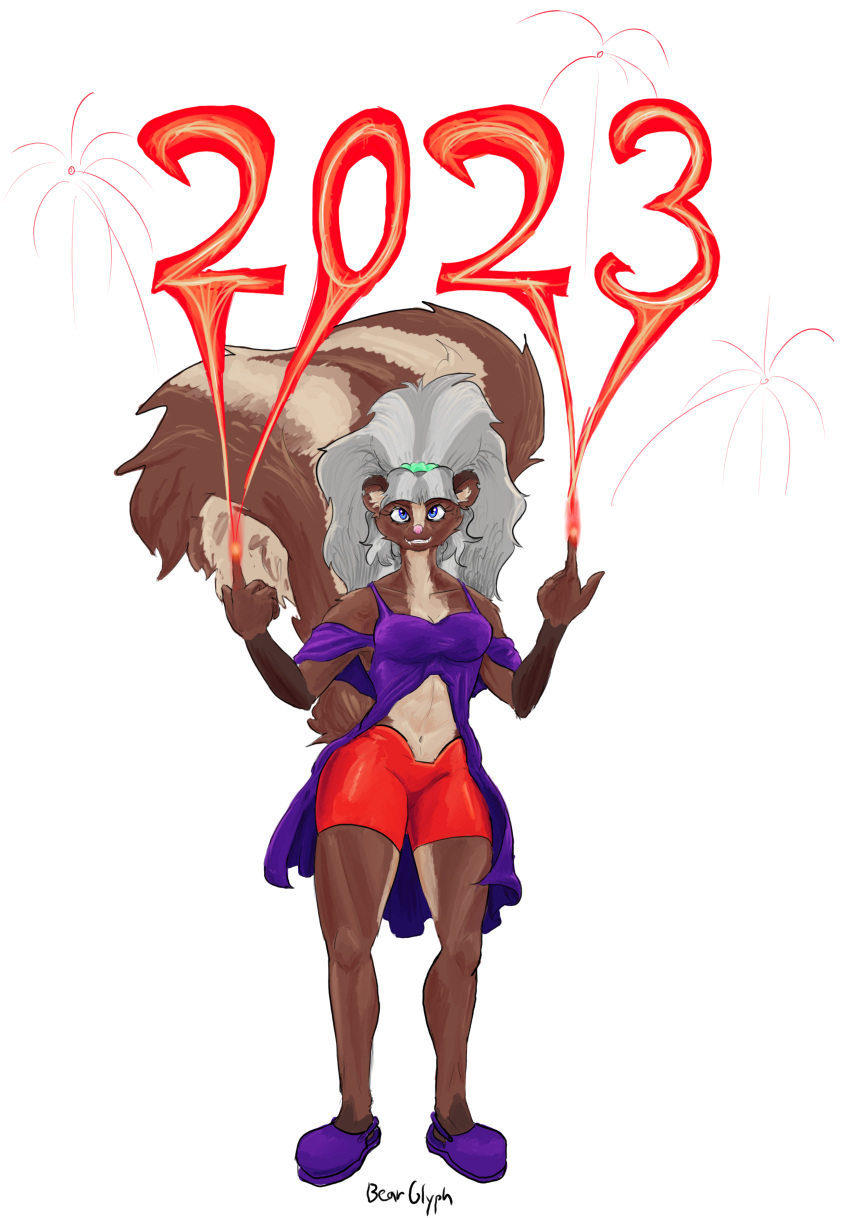 absurd_res anthro bearglyph bottomwear breasts clothing countershade_torso countershading crocs crosslink elemental_manipulation female fire fire_manipulation fireworks fur hair hi_res holidays hotpants magic magic_user mammal mephitid midriff multicolored_body multicolored_fur multicolored_hair navel new_year new_year_2023 rimas_nolie shorts skunk solo two_tone_body two_tone_fur two_tone_hair