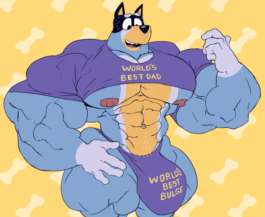 2022 abs absurd_res anthro australian_cattle_dog bandit_heeler barazoku biceps big_bulge big_muscles big_nipples big_pecs bluey_(series) bone bulge canid canine canis cattledog clothing daddy_kink domestic_dog english_text eyebrows fur herding_dog hi_res huge_bulge huge_muscles huge_pecs huge_thighs hyper hyper_bulge hyper_muscles hyper_thighs ineffective_clothing looking_down male mammal manly muscular muscular_anthro muscular_male navel nipples obliques open_mouth open_smile pastoral_dog pattern_background pecs quads remert shirt simple_background smile solo standing teeth text text_on_clothing text_on_shirt text_on_thong text_on_topwear text_on_underwear thick_thighs thong tight_clothing tongue topwear triceps tuft underwear yellow_background