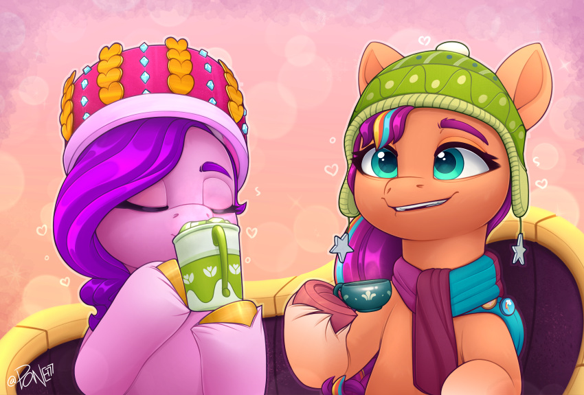 2022 absurd_res brown_hooves clothing container cup digital_media_(artwork) drinking duo earth_pony equid equine eyebrows eyelashes eyes_closed female feral fetlocks hair hasbro hat headgear headwear hi_res holding_object hooves horse ice leg_tuft mammal mlp_g5 multicolored_hair my_little_pony orange_body pink_body pink_hair pipp_petals_(mlp) pony purple_hair rivin177 scarf smile sunny_starscout_(mlp) tuft yellow_hooves