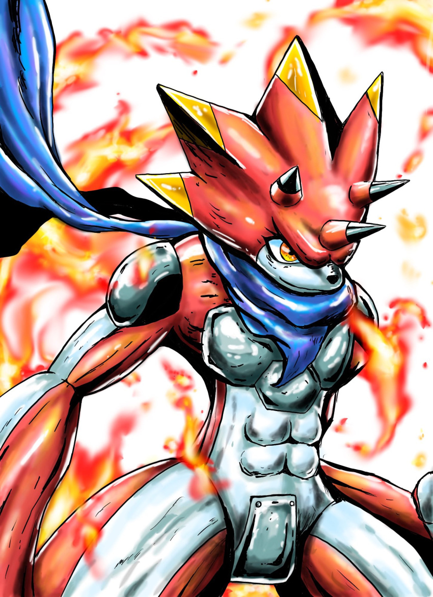 abs anthro bandai_namco betelgammamon claws codpiece digimon digimon_ghost_game elemental_manipulation fire fire_manipulation hi_res horn male red_body scarf solo sutunununu yellow_eyes