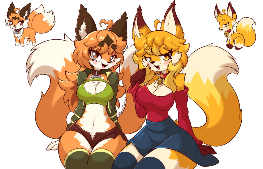 2022 2_tails absurd_res ahoge anthro bedroom_eyes bell bell_collar big_breasts biped blush bottomwear breasts canid canine cleavage clothed clothing collar digital_media_(artwork) duo english_text female feral fox fur green_clothing green_topwear hair half-closed_eyes hand_on_hip hi_res inner_ear_fluff jasmin_(jasminthemanticore) jasminthemanticore lisa_(jasminthemanticore) looking_at_viewer mammal midriff multi_tail multicolored_body narrowed_eyes navel open_mouth orange_body orange_fur red_clothing red_topwear seductive shorts simple_background sitting skirt smile standing tail text topwear tuft unzipped vest white_background white_body white_fur wide_hips yellow_body yellow_fur