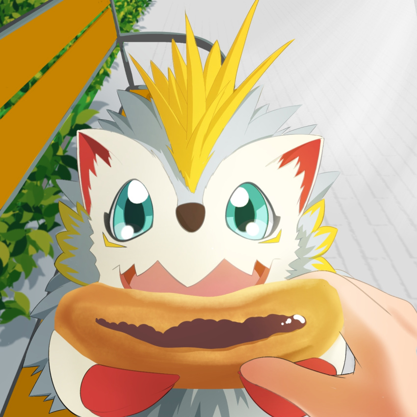 1:1 anthro bandai_namco bench blue_eyes claws digimon digimon_(species) dorayaki eating erjetto eulipotyphlan first_person_view food fur hedgehog herissmon hi_res human mammal pastry sharing_food sitting spines white_body white_fur