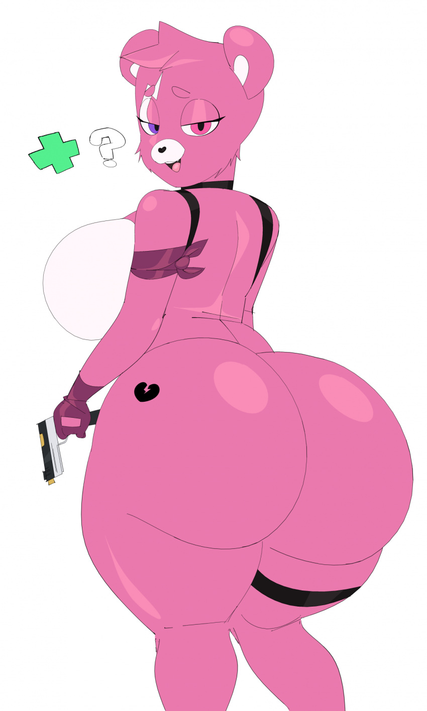 absurd_res anthro bear bedroom_eyes big_breasts big_butt black_pupils breasts butt cuddle_team_leader cytrusawa epic_games female fortnite gun heterochromia hi_res holding_gun holding_object holding_weapon huge_breasts huge_butt looking_at_viewer looking_back mammal narrowed_eyes nude open_mouth pink_body pupils question_mark ranged_weapon seductive side_boob solo thick_thighs weapon wide_hips