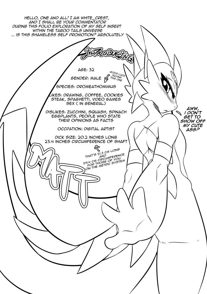 absurd_res anthro blush dinosaur dromeathomimus english_text greeting hi_res inks male matt_the_dromeathomimus monochrome nude reptile scalie solo taboo_tails_(copyright) text white_crest_(artist)