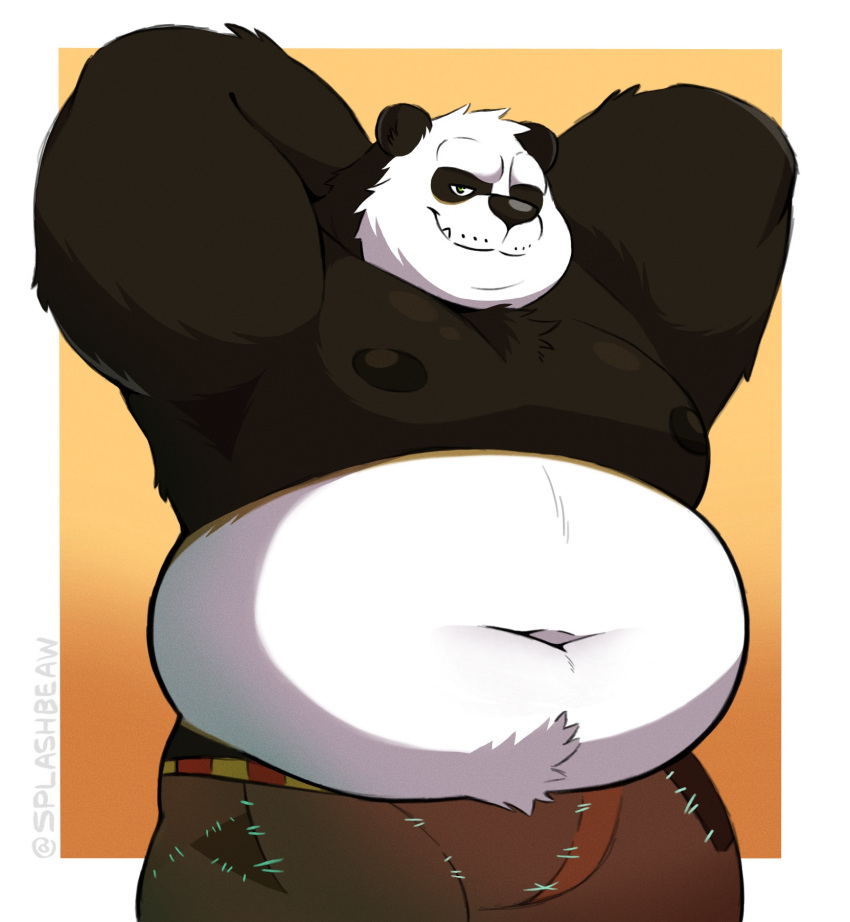 anthro bear belly black_body black_fur black_nipples bottomwear breasts clothing dreamworks fur giant_panda green_eyes hi_res kung_fu_panda male mammal master_po_ping moobs navel nipples overweight overweight_male shorts smile solo splashbeaw teeth text tusks white_body white_fur